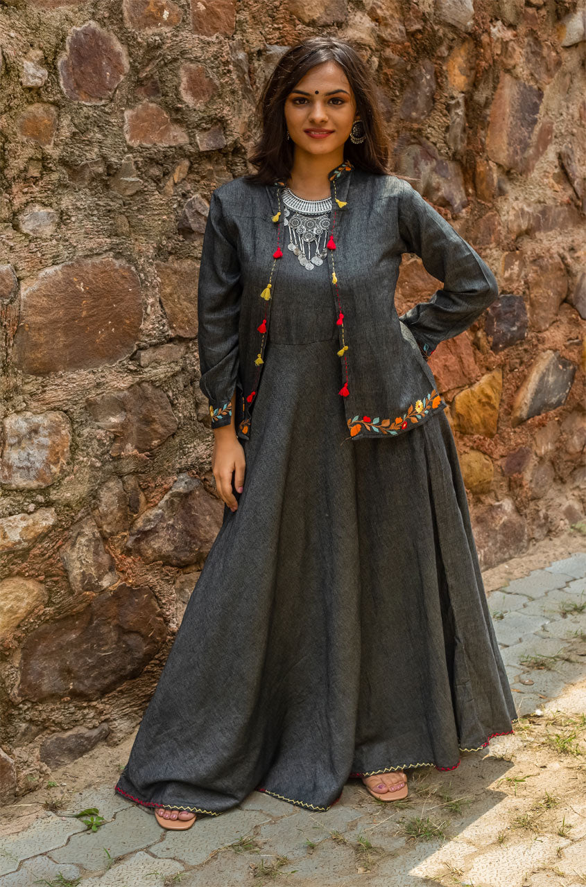 A-line Asymmetrical Evening Ethnic Dress With Bell Sleeves Jacket And –  PREETI JHAWAR